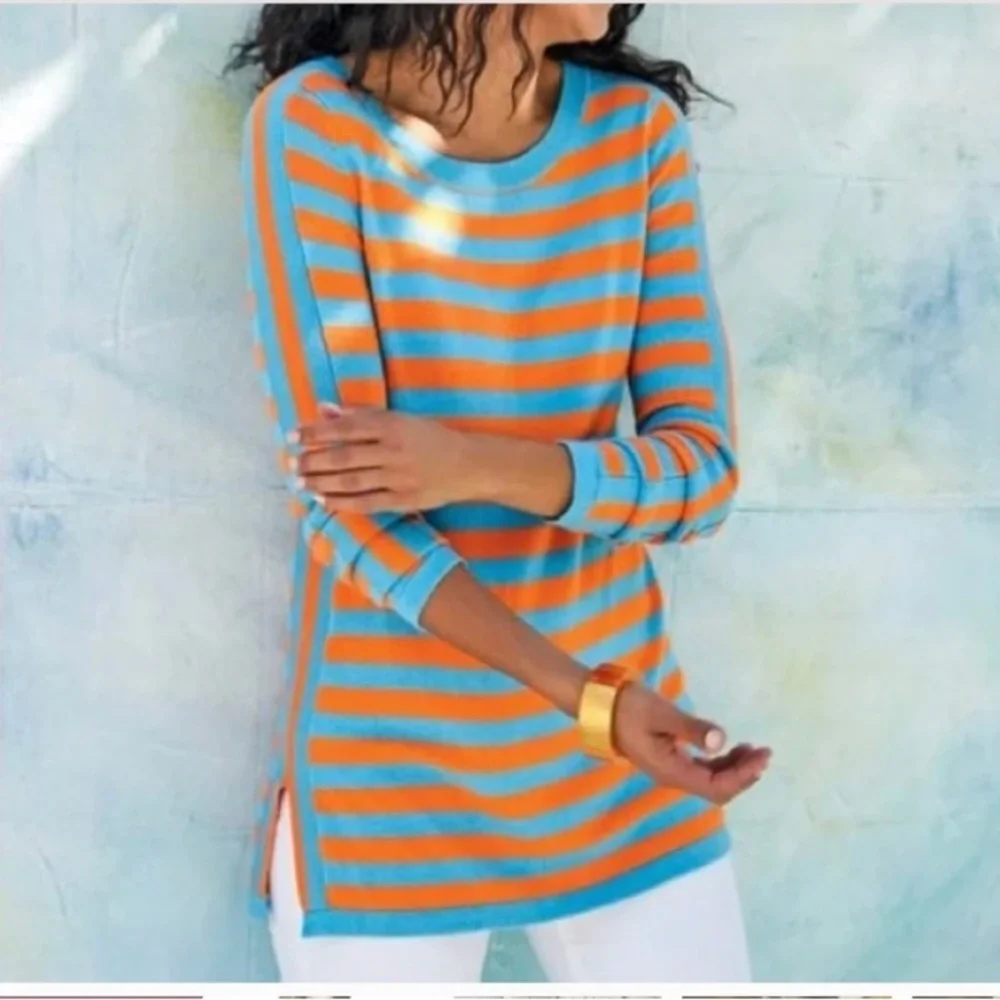Soft Surroundings Cashmere/Wool Blend Striped Crew Neck Sweater Sz L - Picture 1 of 7